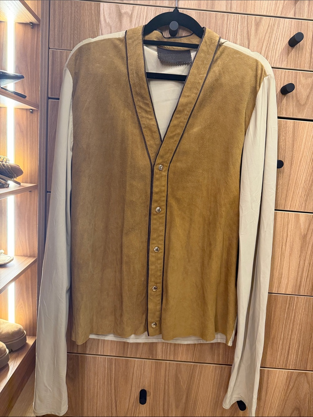 Prada Two-Tone Suede Front Shirt Jacket in Tan and Cream